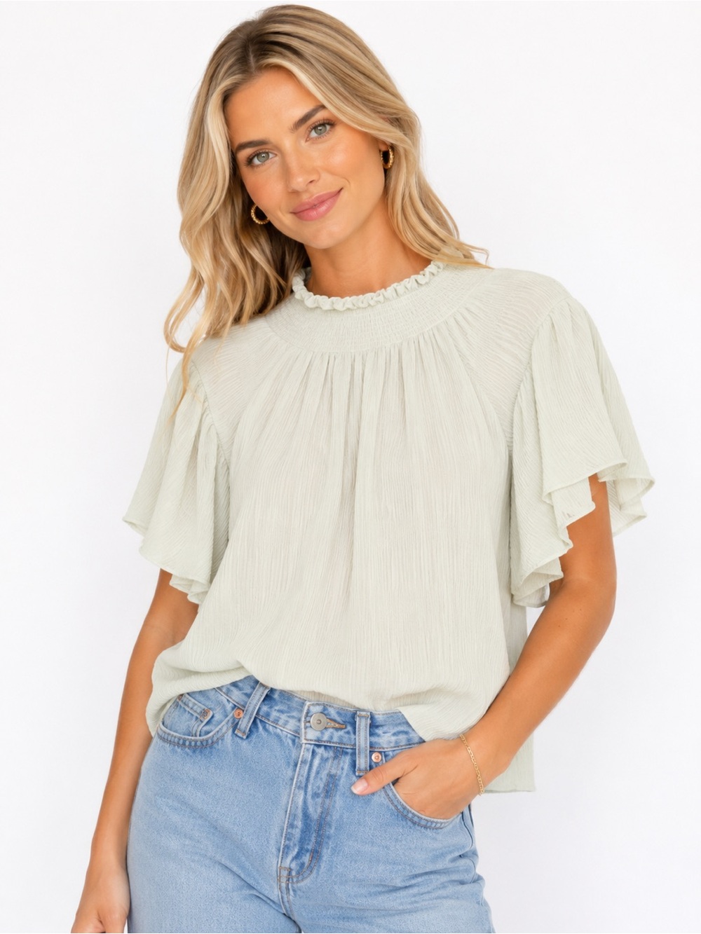 ASTR the label Ruffled Neck Flutter Sleeve Top — Cream